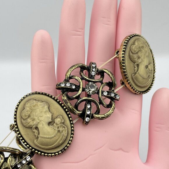 Antique Gold Tone Cameo Rhinestone Stretch Bracelet Vintage Look Victorian - Picture 4 of 6